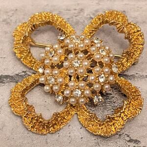 Four Leaf Clover Brooch Gold Tone with Beads and Faux Diamonds-Saint Patrick's